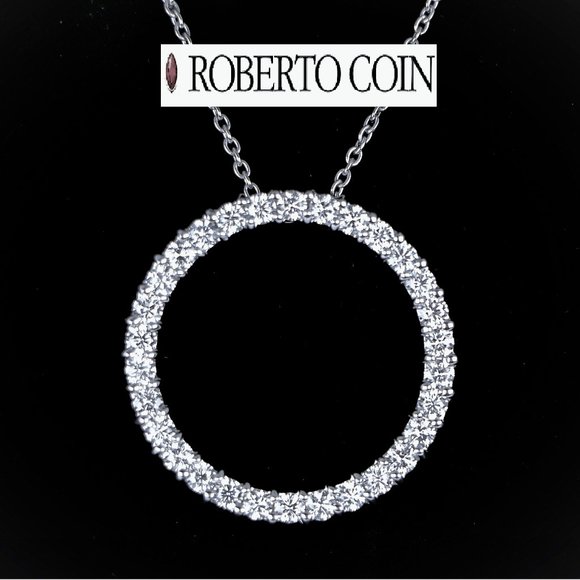 19366 Roberto Coin 18K White Gold Diamond 32mm Large O Circle of Life Pendant - Picture 1 of 3